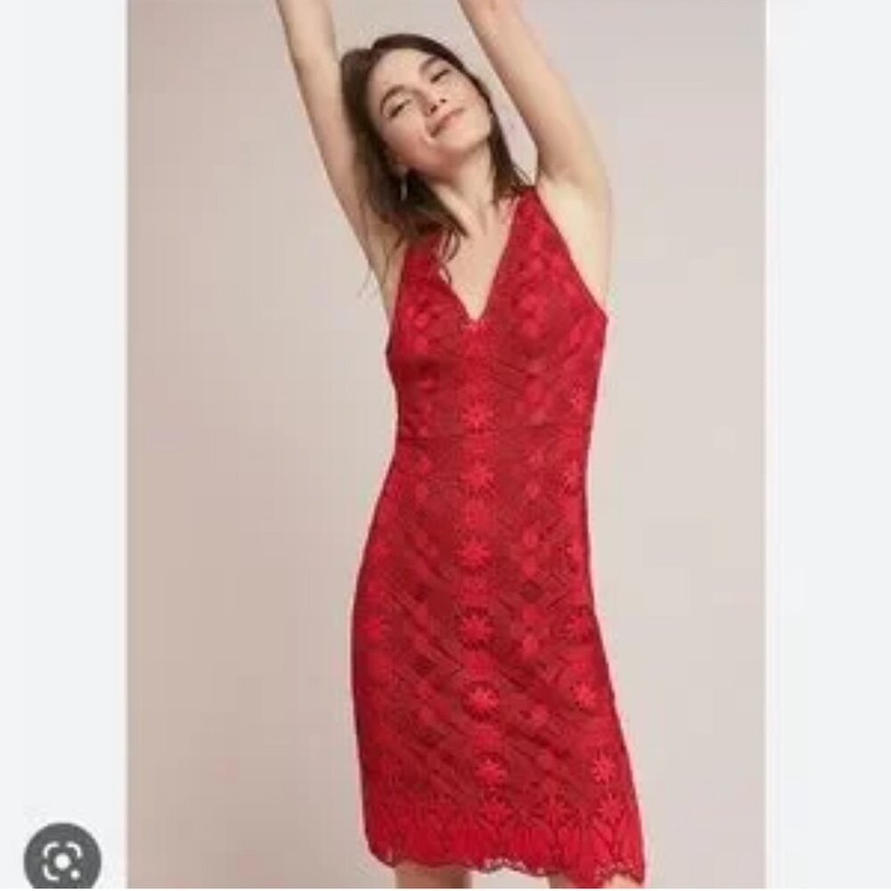 Anthropologie MAEVE Camari Red CrochetLace Sheath Midi Dress Size 12 fits like M
